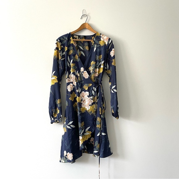 Lulus Love is Life Navy Blue Floral Print Satin Wrap Dress Size Small - Picture 4 of 11